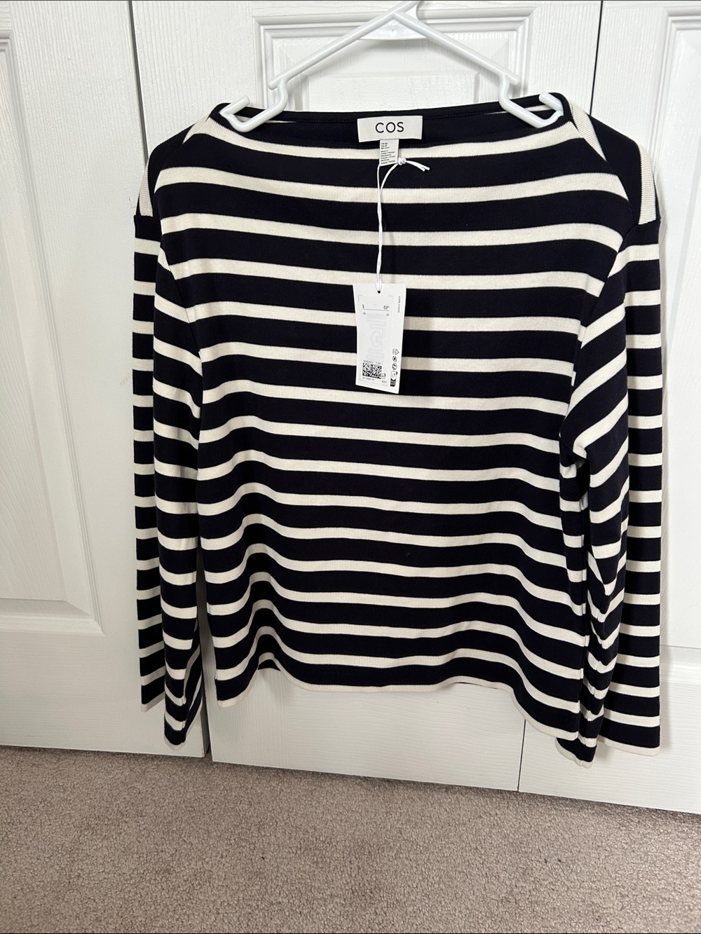 COS Navy and White Striped Long Sleeve Boatneck Top